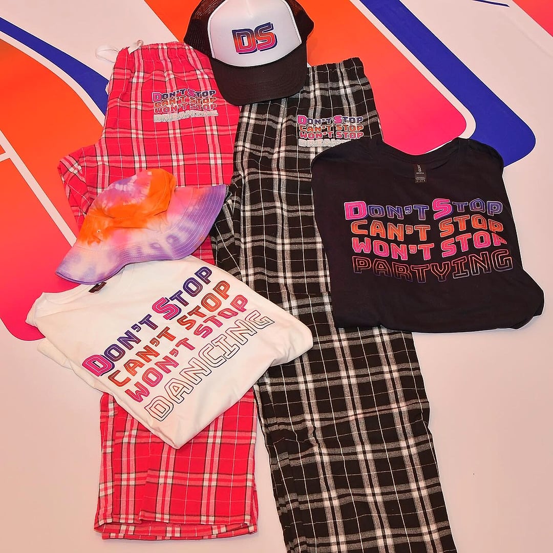 Custom pajama pants, hats and t-shirts as party favors